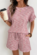 Light Pink Heather Textured Ruffle Sleeve Top and Drawstring Shorts Set