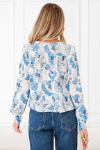 Sky Blue Floral Print Frilly Smocked Square Neck Long Sleeve Blouse