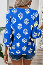 Green Damask Floral Print Contrast V Neck 3/4 Sleeve Blouse