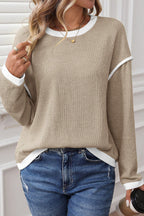 Four Leaf Clover Contrast Color Trim Knit Drop Shoulder Loose Top