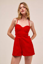 SO ME Fitted Open Back Game Day Romper with Lace Up Deta