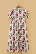 White Floral Print V Neck 3/4 Sleeve Loose Mini Dress