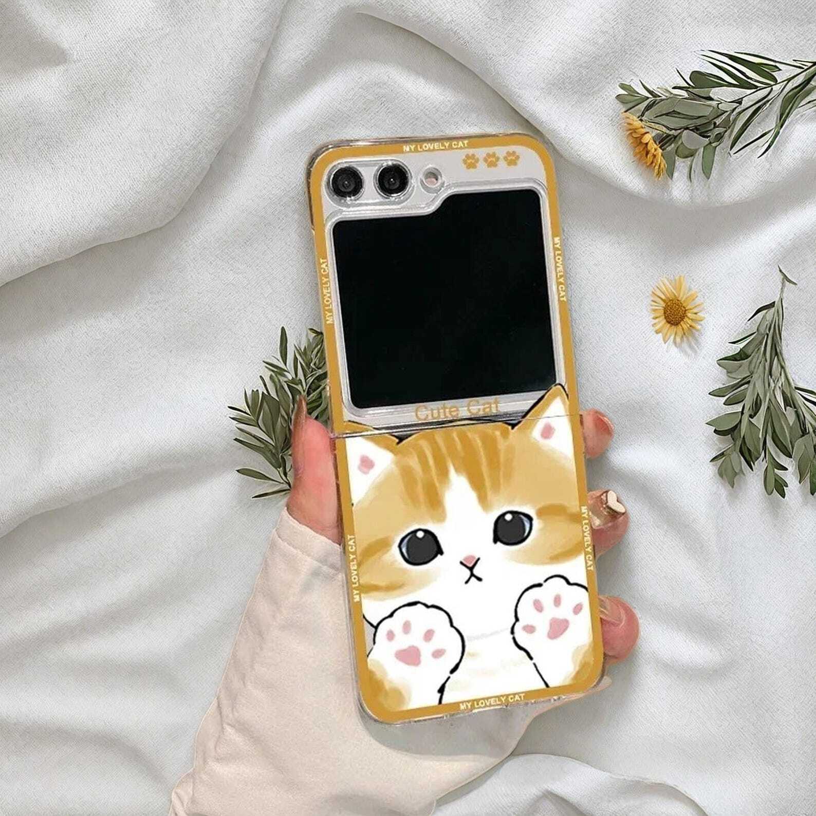 Cute Cartoon Cat Clear Case for Samsung Galaxy Z Flip 7 6/5/4/3 - Hard Shockproof Cover with Fun Design and Durable Protection