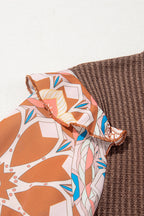 Coffee Ruffle Floral Sleeve Patchwork Waffle Top