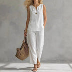 Women's Sleeveless V-Neck Top & Full-Length Pants Two-Piece Set