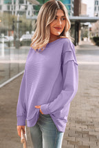 Sea Green Horizontal Ribbed Exposed Seam Detail Drop Shoulder Baggy Pullover