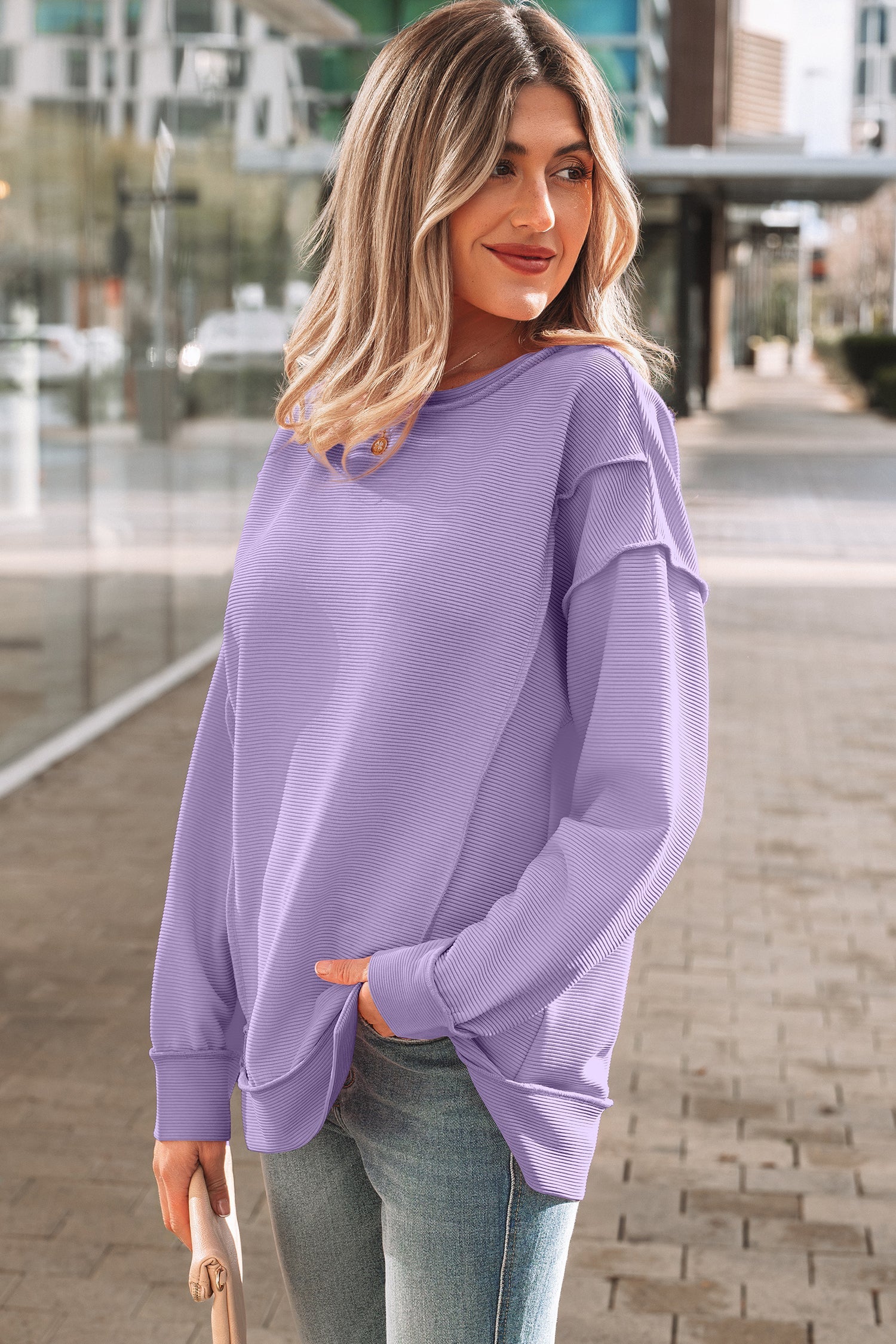 Sea Green Horizontal Ribbed Exposed Seam Detail Drop Shoulder Baggy Pullover
