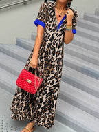 Leopard Print Button-Down Dress with Contrast Trim