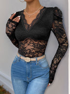 Perfee Lace V-Neck Long Sleeve Bodysuit
