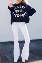 Black CLASSY UNTIL KICKOFF Plush Letter Patched Loose Sweatshirt