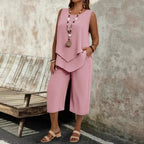 Casual Solid-Colored Sleeveless Top And Cropped Pants Two-Piece Set
