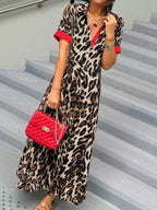 Leopard Print Button-Down Dress with Contrast Trim