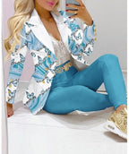 Women's Printed Coat & Trousers Two-Piece Set – 19 Prints, Casual Fashion Suit