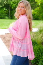 Navy Blue Frill Tiered Patchwork Ribbed Trim Flowy Plus Size Top