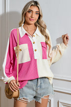 Gray Colorblock Patchwork Ribbed Oversized Henley Sweatshirt