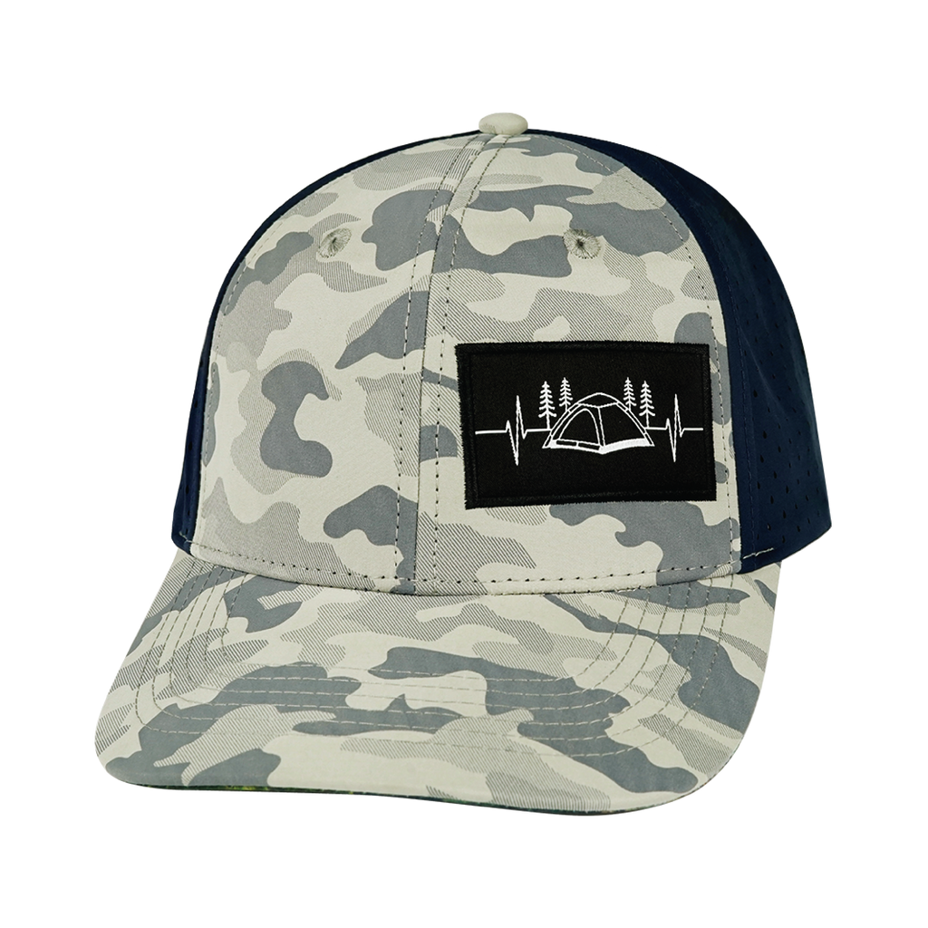 Camping Hat - Baseball Hat Fit - Soft Gray Camo / Navy - Laser Mesh