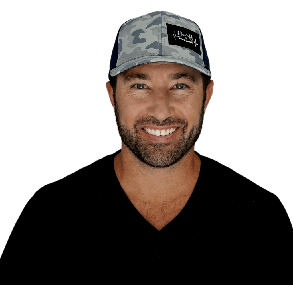 Camping Hat - Baseball Hat Fit - Soft Gray Camo / Navy - Laser Mesh