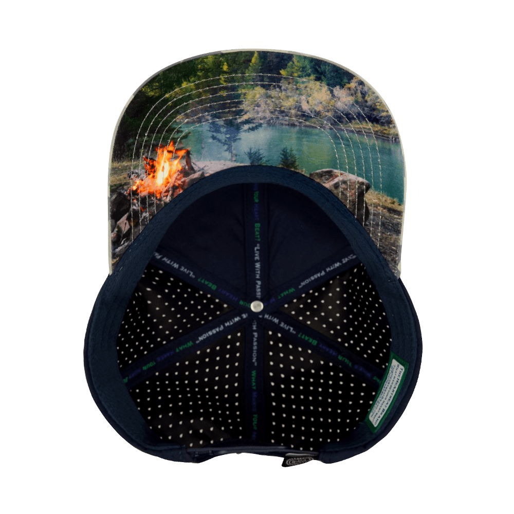 Camping Hat - Baseball Hat Fit - Soft Gray Camo / Navy - Laser Mesh
