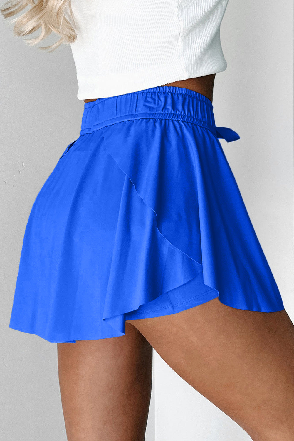 Sky Blue Drawstring High Waist Lined Tennis Skort
