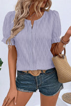 Beau Blue Solid Color Textured Notched Neck Puff Sleeve Blouse