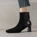 Women's Sheepskin Square Toe Chunky Heel Ankle Boots – Korean Patchwork Style