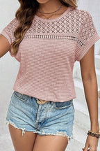 Oatmeal Hollow Patchwork Waffle Knit Top
