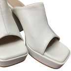 Coutgo Womens 6.5 White Faux Leather Open Toe 4" Block Heel Slide On Mule Shoes