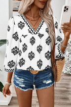 Green Damask Floral Print Contrast V Neck 3/4 Sleeve Blouse