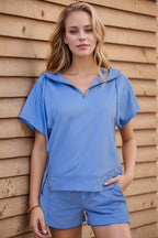 Drawstring Zipped Short Sleeve Hoodie and Shorts Set