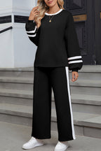 Gray Varsity Stripe Patchwork Puff Sleeve Pullover Drawstring Wide Leg Pant Set