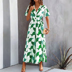 Women's Geometric Print Lace-Up Shirt Jumpsuit – Wide-Leg High-Waist Boho