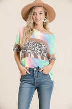 BiBi Tie Dye Terry Top with Leopard and Sequins Block