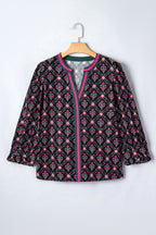 Black Contrast V Neckline Bracelet Sleeve Vintage Floral Blouse