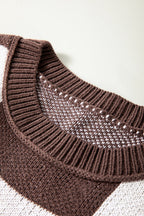 Dark Brown Plaid Bishop Sleeve Pullover Sweater