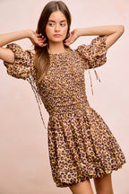 BiBi Leopard Bow Tie Attachable Puff Sleeves Dress