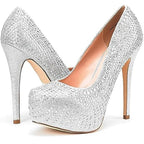 Dream Pairs Womens 5.5 Silver Rhinestone 5.5" Platform Heel Close Toe Pump Shoes