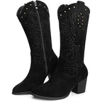 Shibever Womens 7.5 Black Faux Suede Zip Up 2.5" Heel Cowboy Cowgirl Boots Shoes