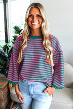 Sachet Pink Striped Print Drop Shoulder Lace Trim Bracelet Sleeve Loose Top