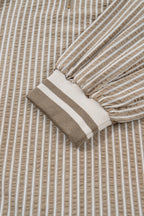 Khaki Stripe Zip up Collared Puff Sleeve Ruffled Plus Size Mini Dress