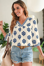 Green Damask Floral Print Contrast V Neck 3/4 Sleeve Blouse