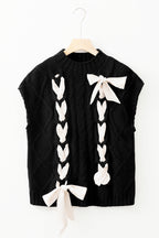 White Cable Knit Colorblock Satin Bowknot Short Sleeve Sweater