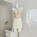 Women's French Strapless Bodycon Dress Lace Fur Trim Splicing Mini Dress For Birthday Dinner Club Night