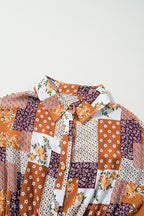 Orange Boho Floral Puff Sleeve Smocked Waist Mini Shirt Dress