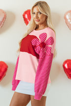 Pink Floral Patch Color Block Striped Sleeve Textured Top