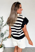 Pink Stripe Collar V Neck Ruffled Short Sleeve Blouse