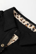 Black Contrast Leopard Print Patchwork Polo Collar Buttons Front Ruffled Long Sleeve Blouse