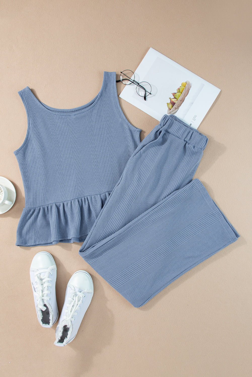 Duffel Green Solid Color Ribbed Ruffle Tank Top and Pants Set