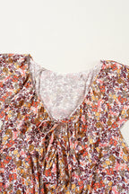 Red Floral Print Knot V Neck Ruffled Sleeve Blouse