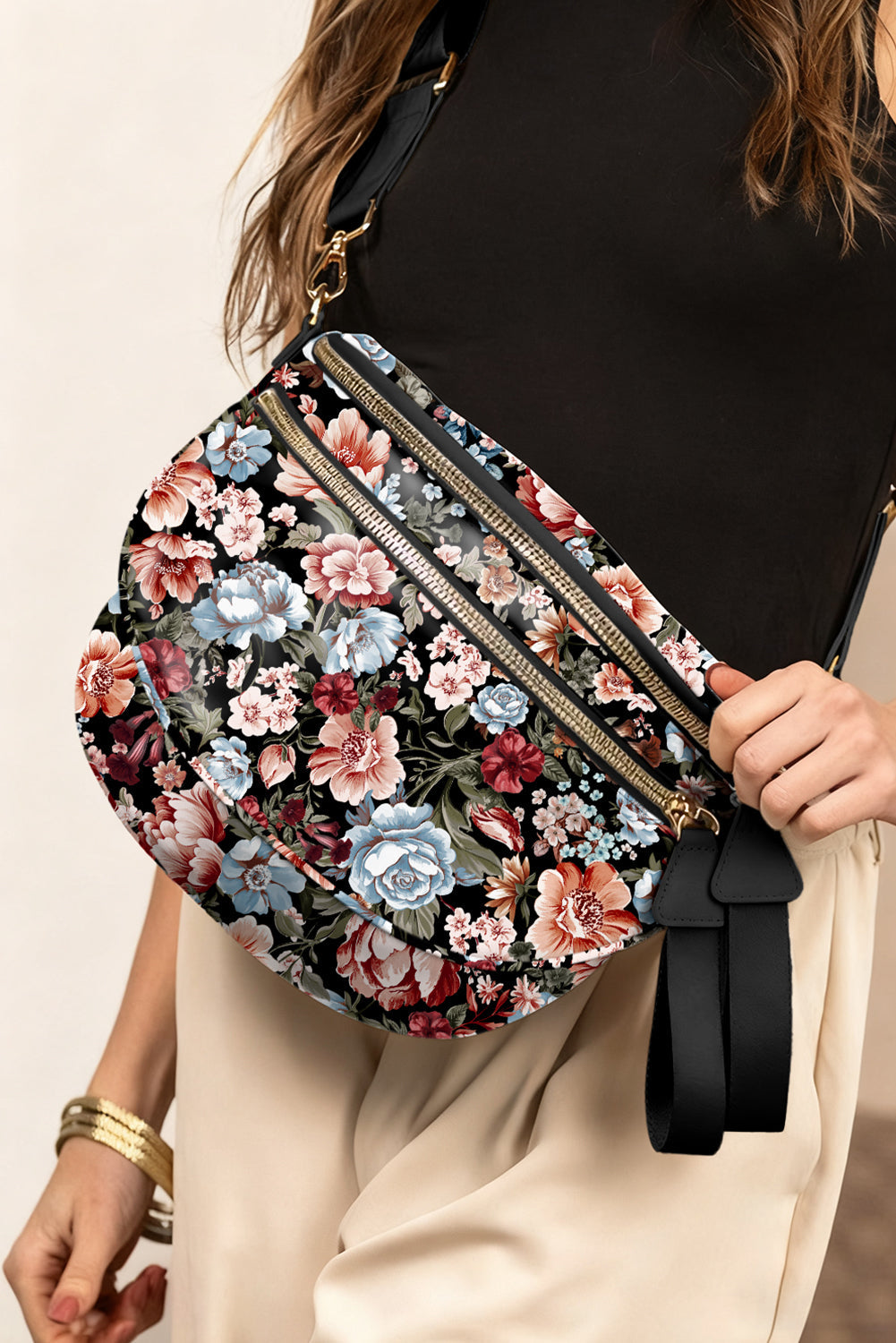White HO HO HO Print Double Zip Crossbody Bag