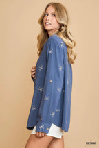 Umgee Linen Blend Fitted Shirt with Ribbon Embroidery Details